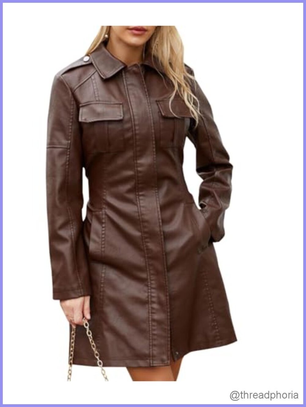 Faux Leather Trench Coat Mid-Length Zip Up Belted Windbreaker